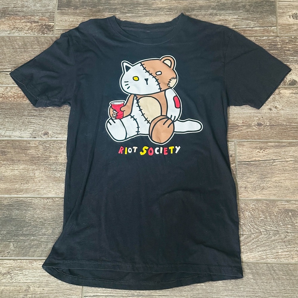 Riot Society Black Cotton Graphic T-Shirt - Cat with Red Cup - Size Medium M